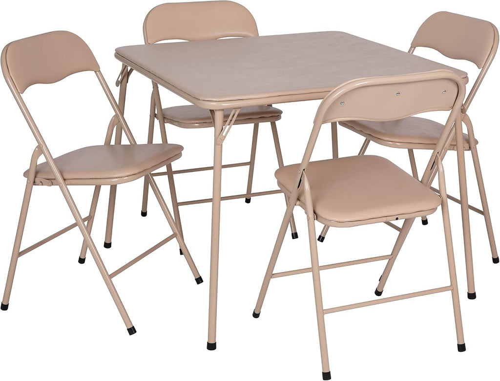 EMMA + OLIVER 5-Piece Multipurpose Folding Card Table and Chairs Set for 4 Players, Padded Top Portable Square Folding Table and Chairs Set, Tan