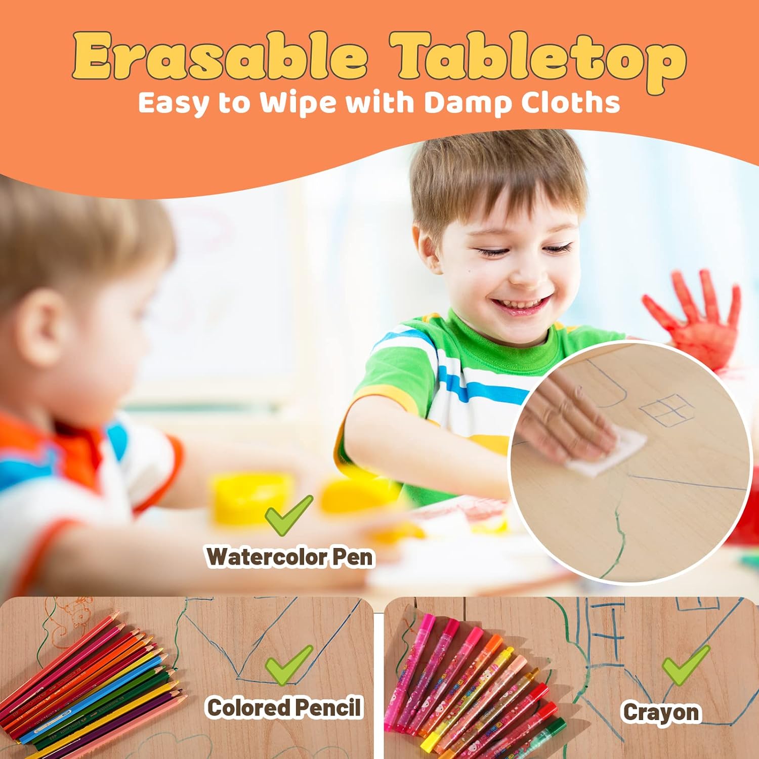 FUNLIO Kids Table and 4 Chairs Set for Ages 3-8, Height Adjustable Toddler Table and Chair Set, Easy to Wipe Arts & Crafts Table, for Classrooms/Daycares/Homes, CPC & CE Approved (5 pcs Set) - Natural