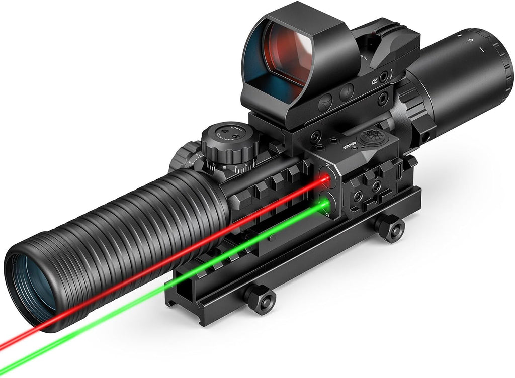 PINTY Tactical Rifle Scope Combo: Illuminated Optics, Red Dot Sight, Laser, RGB Rangefinder Riflescope for 20mm Picatinny Rail