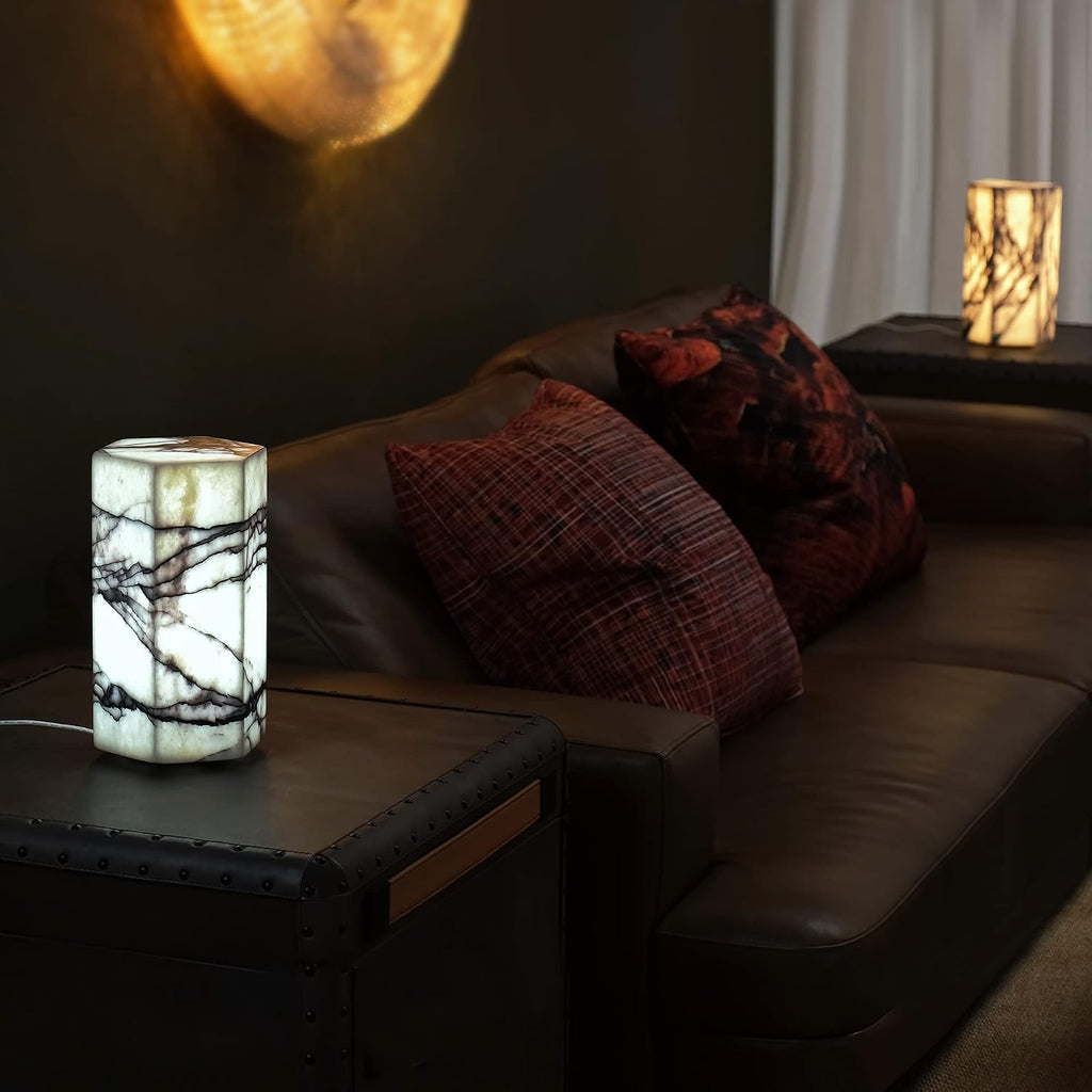 Handcrafted Real Marble Table Lamp, Stone Lamp with Tri-Color Dimmable LED, Bedside Lamp, Small Table Lamp for Home Decor, Accent Table Lamp for Bedroom Living Room, Hexagon