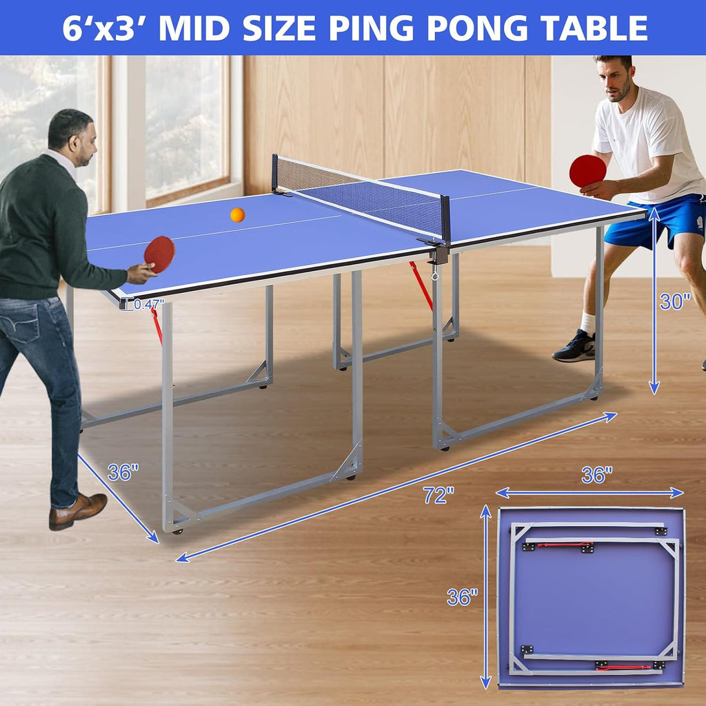 Foldable Ping Pong Table Portable 4.5FT/6FT/9FT Indoor MDF Table Tennis Table Multi-Purpose Family Game Table with Net, 2 Paddles and 3 Balls for Kid Teenager Adult