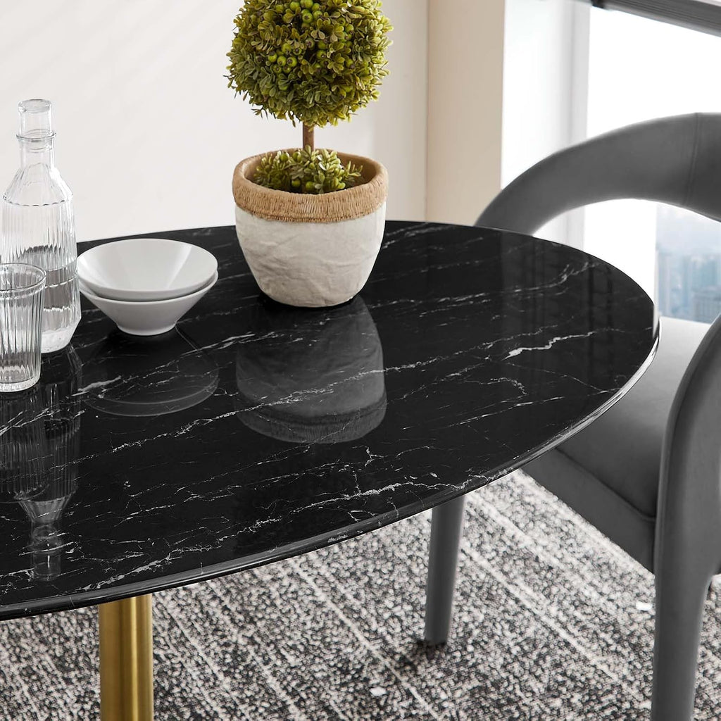 Modway Lippa Oval 54' Artificial Marble Mid-Century Modern Dining Table, Gold Black