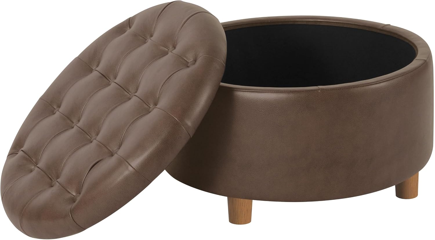 Homepop Home Decor | Button Round Storage Ottoman | Ottoman with Storage for Living Room & Bedroom, Brown Faux Leather