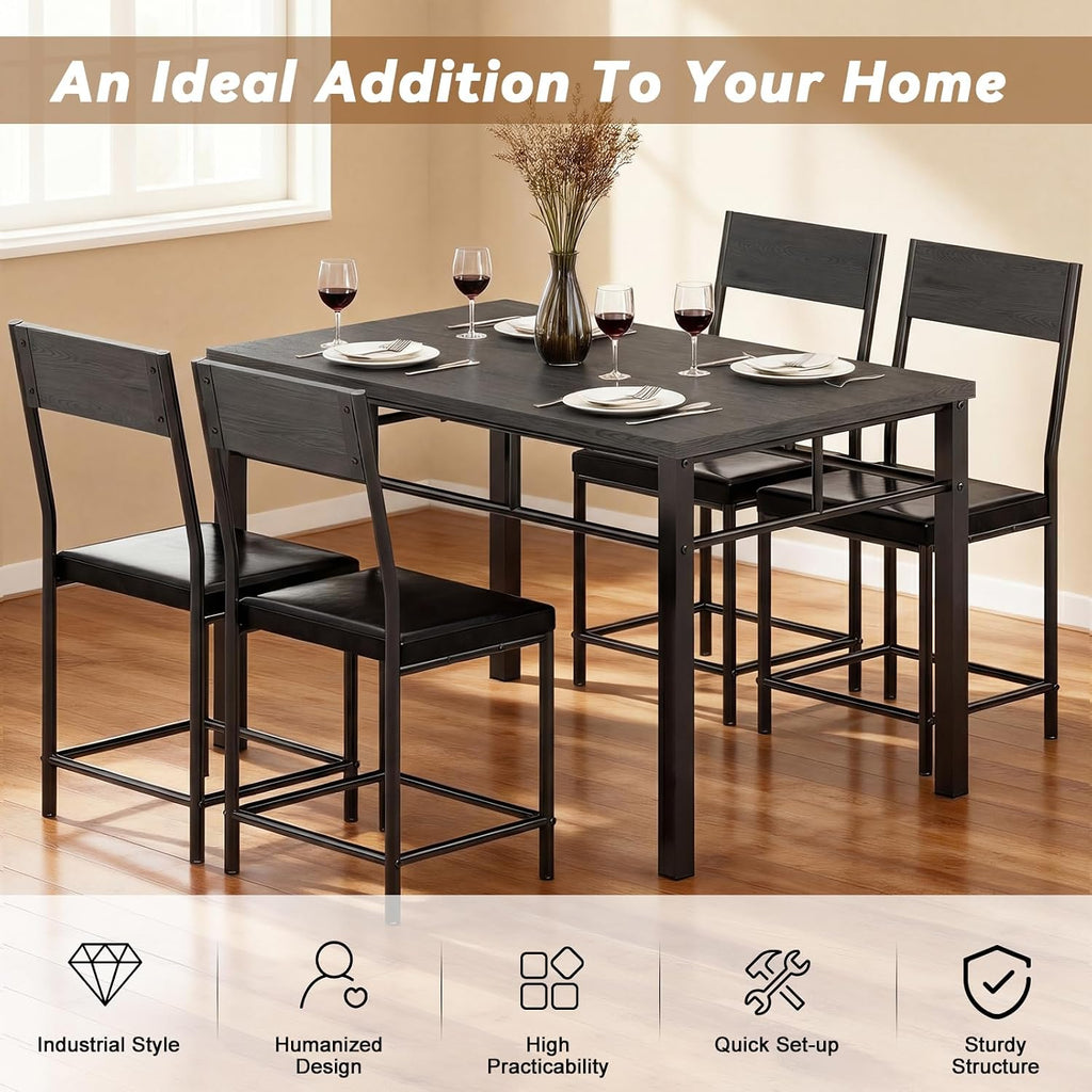 Dining Table Set for 4, 5-Piece Kitchen Table and Chairs Set, Rectangle Wooden Dining Room Table with Metal Frame & MDF Board, Perfect for Small Space, Dinette, Apartment, Grey