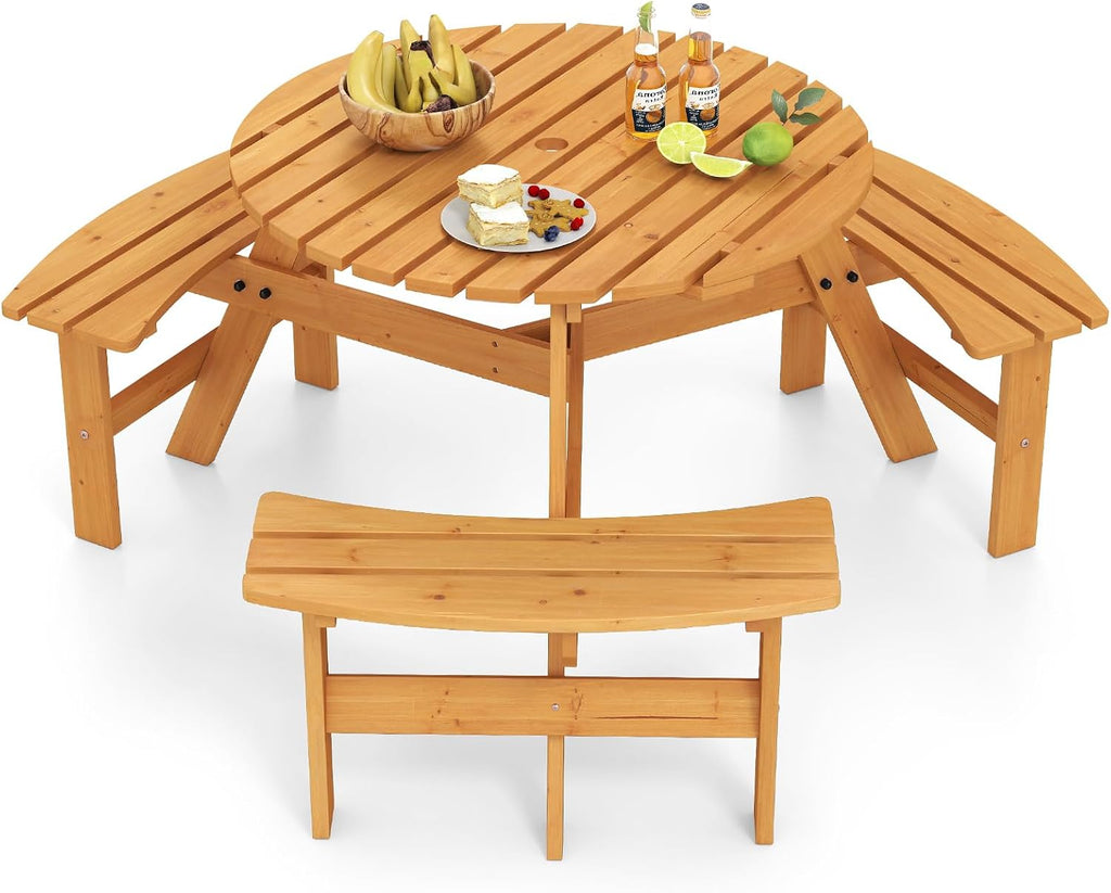 Giantex 6-Person Round Picnic Table Set with 3 Benches, 550 LBS Bench Capacity, 2' Umbrella Hole, Circular Outdoor Wood Dining Table & Chairs for Patio Yard Garden Porch Deck (68'x62'x28',Yellow)