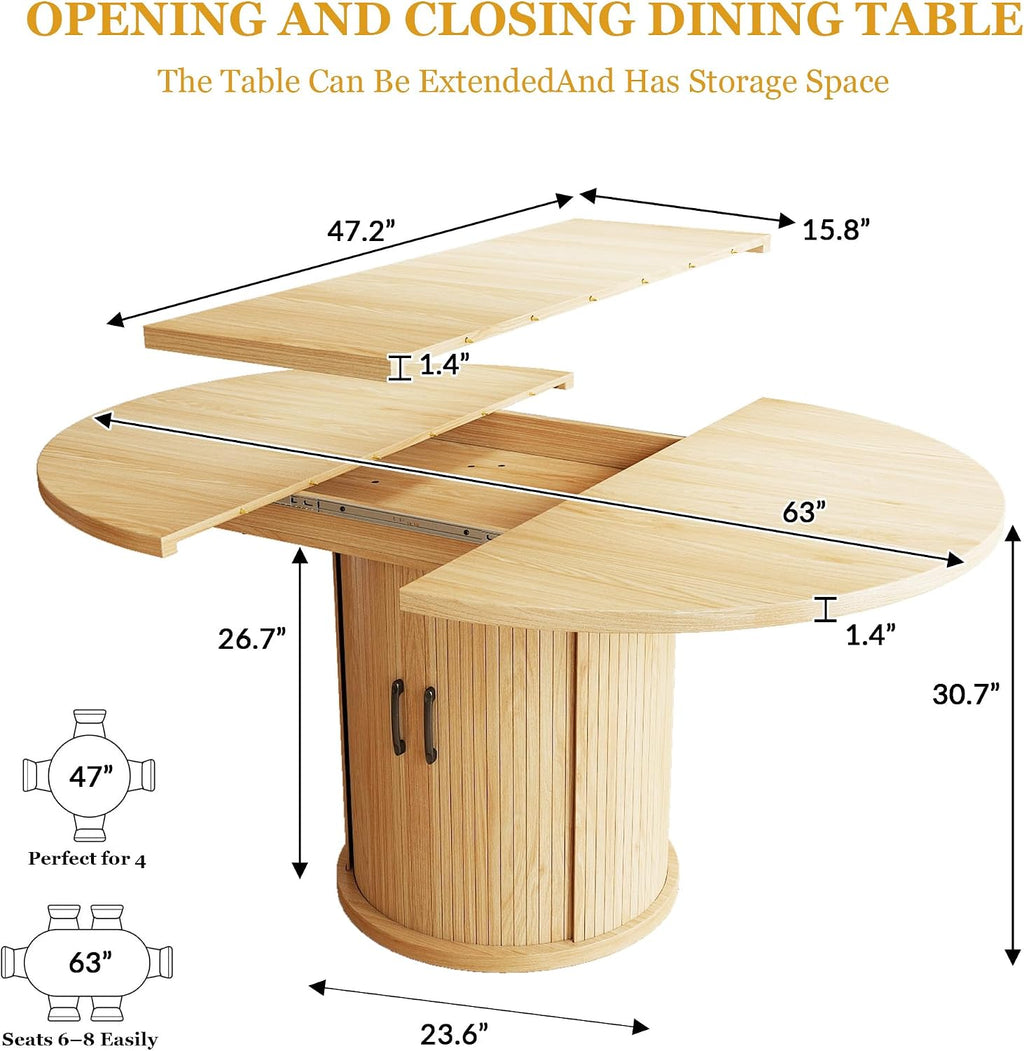 47.2'–63' Extendable Dining Room Table for 4-8, Round-to-Oval Expandable Dining Table with Dust-Proof 2-Tier Shelf, Space-Saving Wood Kitchen Table for Living Room, Oak