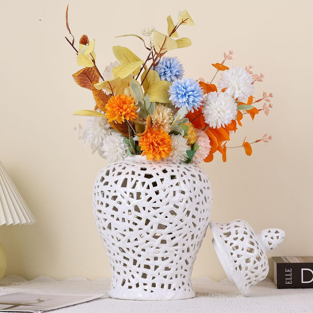 White Pierced Ginger Jar Vase with Lid - 15.7' Tall White Decorative Ceramic Jar for Home Decor, Centerpiece for Living Room, Dining Room, Entryway, or Office, Large White Vase for Flowers