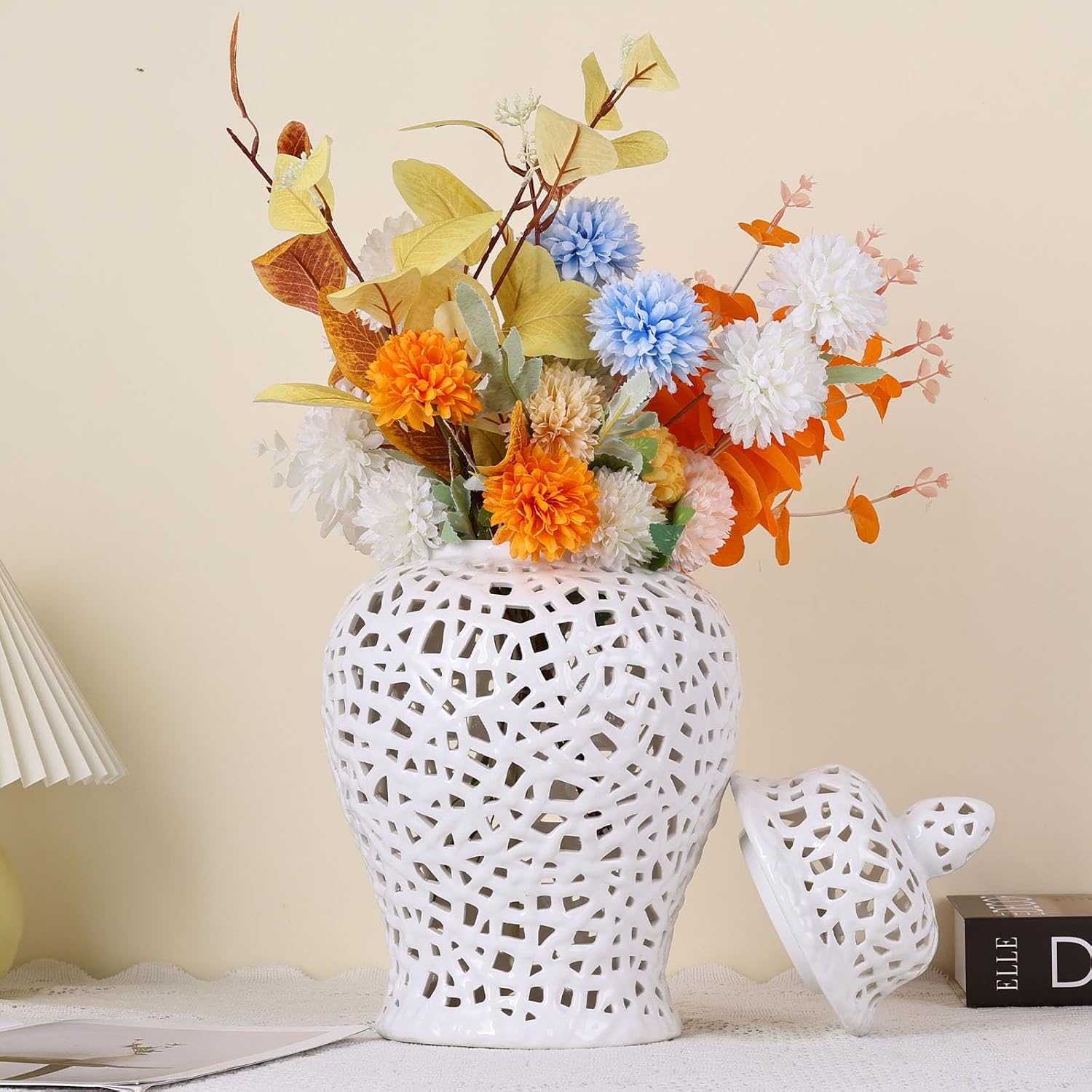 White Pierced Ginger Jar Vase with Lid - 15.7' Tall White Decorative Ceramic Jar for Home Decor, Centerpiece for Living Room, Dining Room, Entryway, or Office, Large White Vase for Flowers