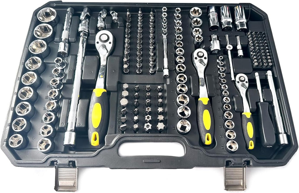 Allen Socket Set and Torx Bit Set, Ratchet Hex Socket Set 3/8', 1/4' and 1/2' Drive Ratchet Set, SAE/Metric Socket Set, S2 Alloy Steel Bits, 222-PCS Automotive Tool Set
