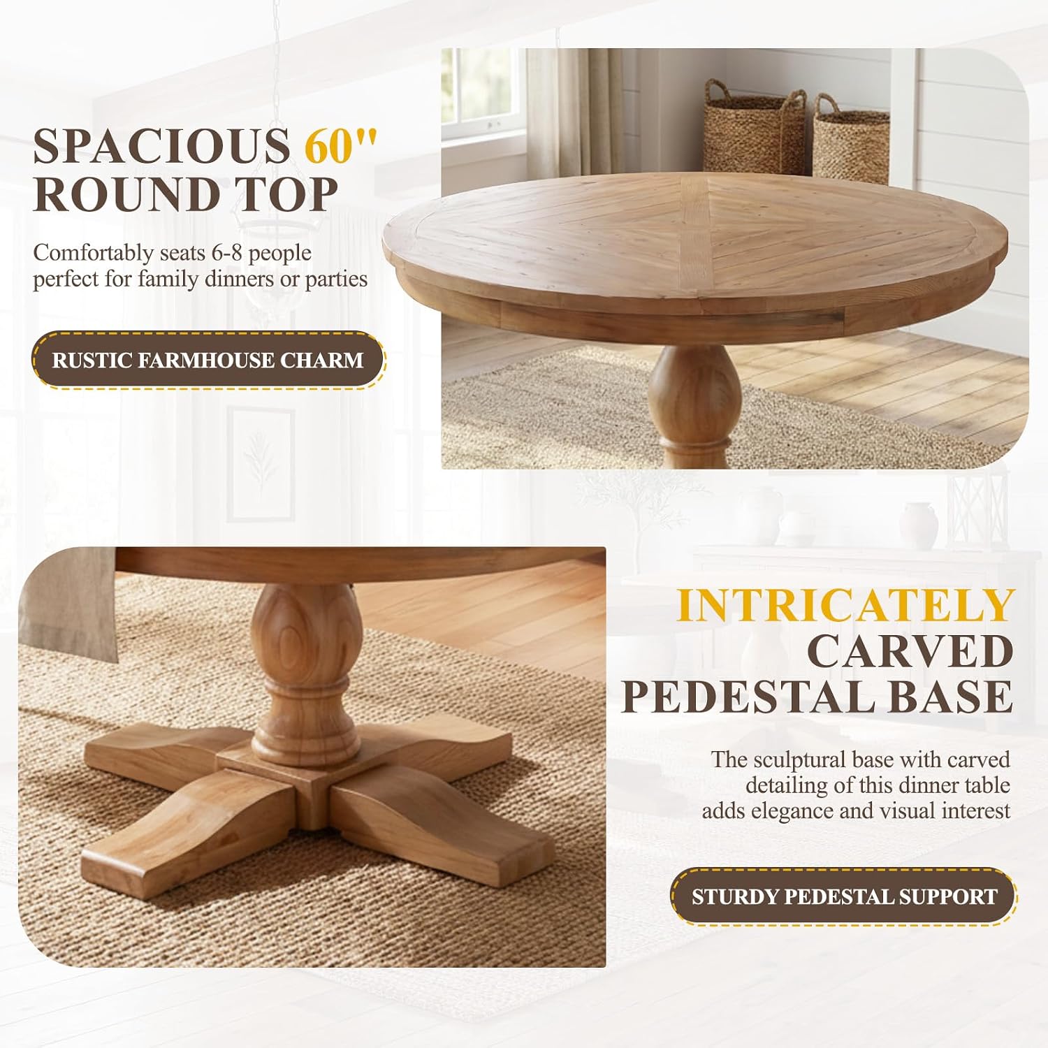 60' Round Dining Table, Reclaimed Wood Kitchen Table for 6-8, Farmhouse Circle Kitchen Table with Pedestal Curved Leg for Kitchen Dining Room Restaurant - Natural
