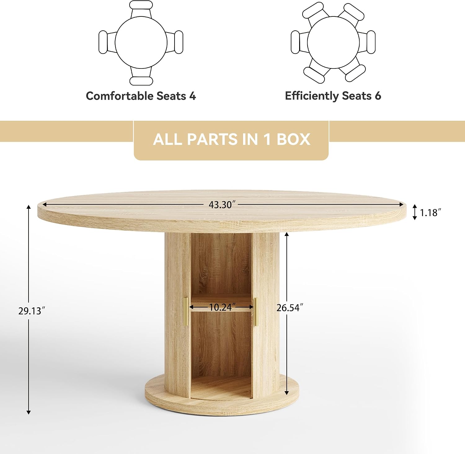 Round Dining Table for 4-6, 43.3' Modern Farmhouse Kitchen Table with Hidden Storage & Tambour Door, Japandi Style Wood Pedestal Circle Table for Small Spaces, Apartment, Dining Room, Classic Oak