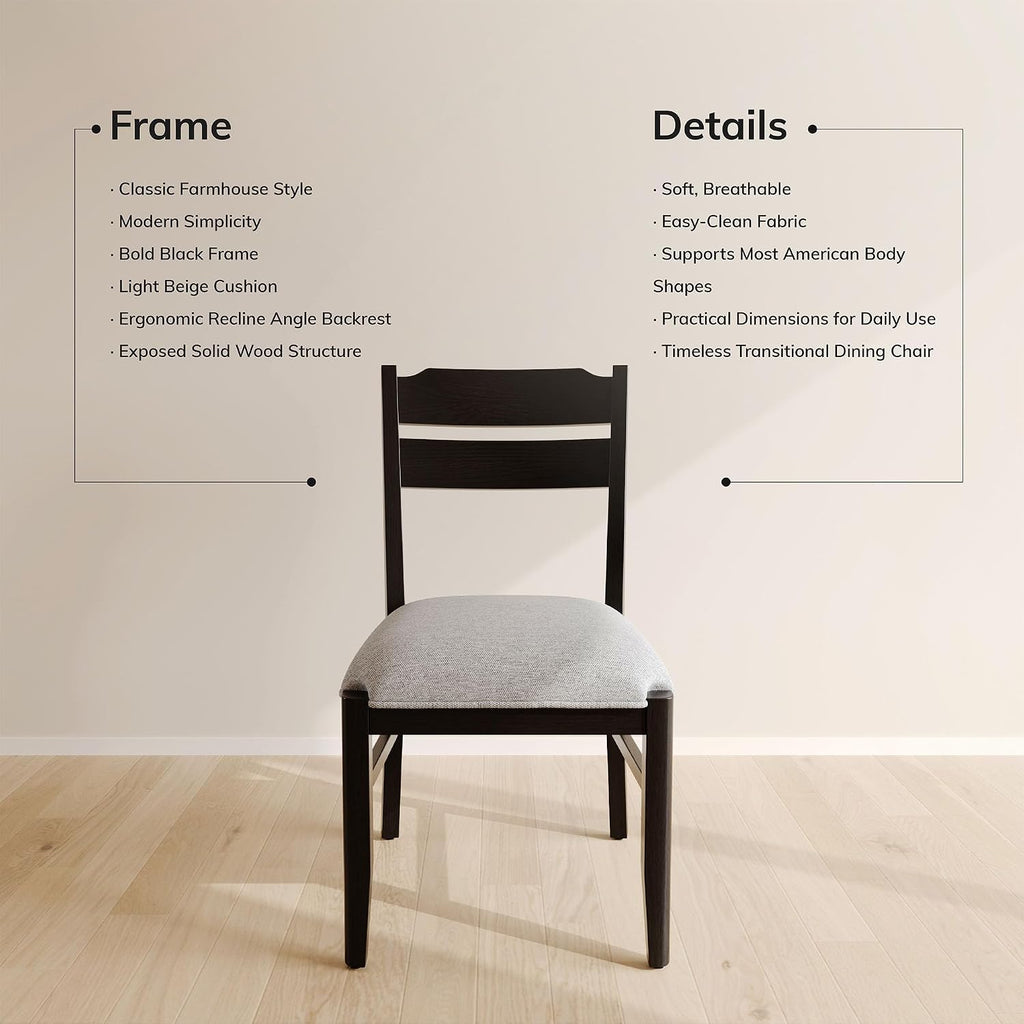 COLAMY Solid Wood Dining Chairs Set of 2, Modern Farmhouse Dining Room Chairs with 3.2' Thick Upholstered Seat, Ladder Back Kitchen Chairs for Breakfast Nook, Black