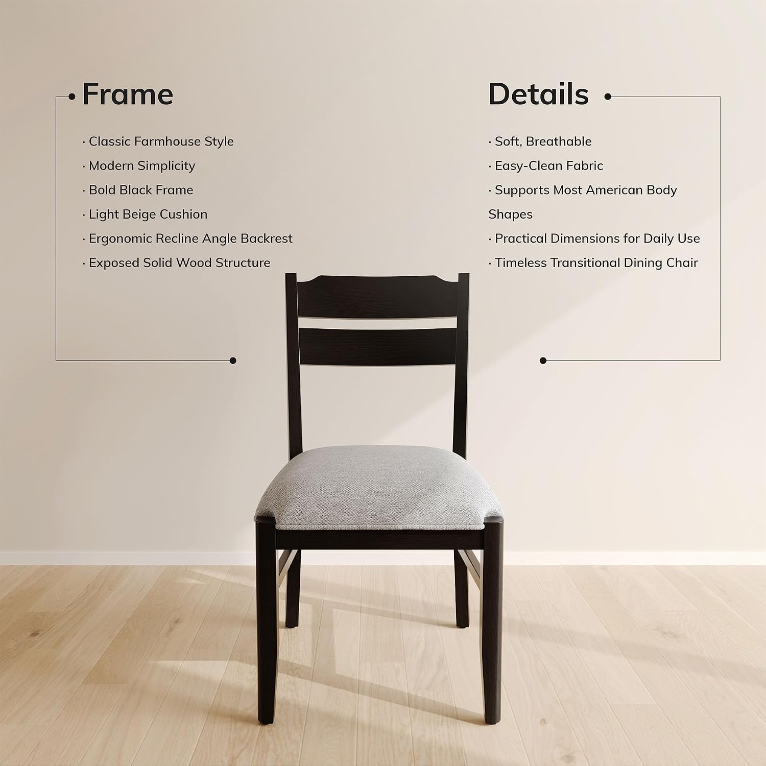 COLAMY Solid Wood Dining Chairs Set of 2, Modern Farmhouse Dining Room Chairs with 3.2' Thick Upholstered Seat, Ladder Back Kitchen Chairs for Breakfast Nook, Black
