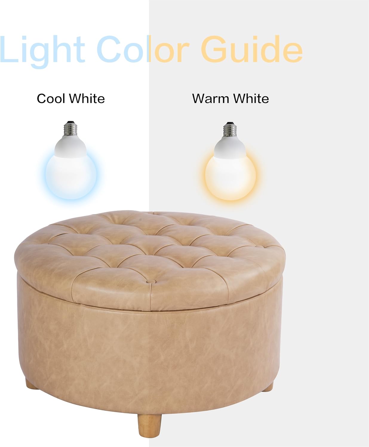 HomePop Home Decor | Button Round Storage Ottoman | Ottoman with Storage for Living Room & Bedroom, Light Camel Faux Leather