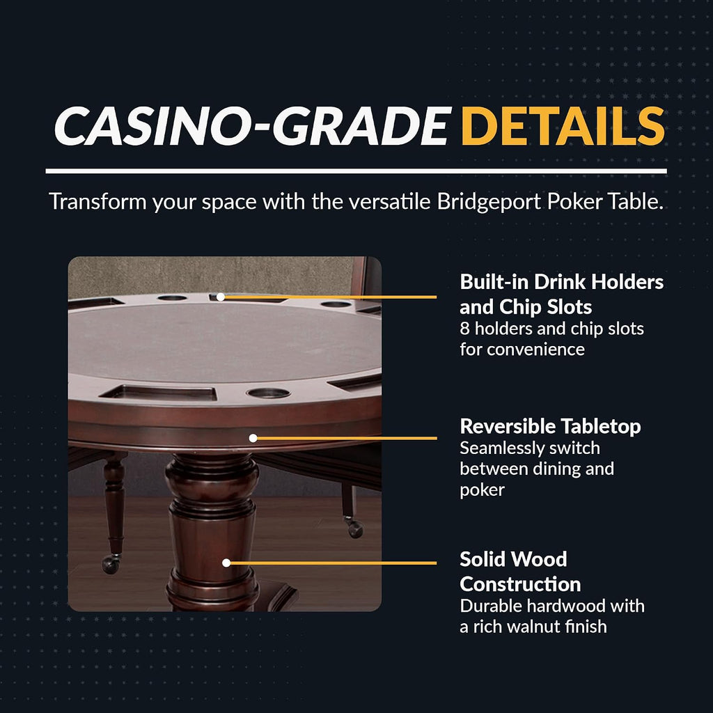 Hathaway Bridgeport 2 in 1 Round Poker Table and Chairs Set for Dining & Game Rooms – Furniture Grade Hardwood, Sturdy Pedestal Legs, Drink Holders, Chip Slots – Includes 4 Poker Table Chairs - Walnut