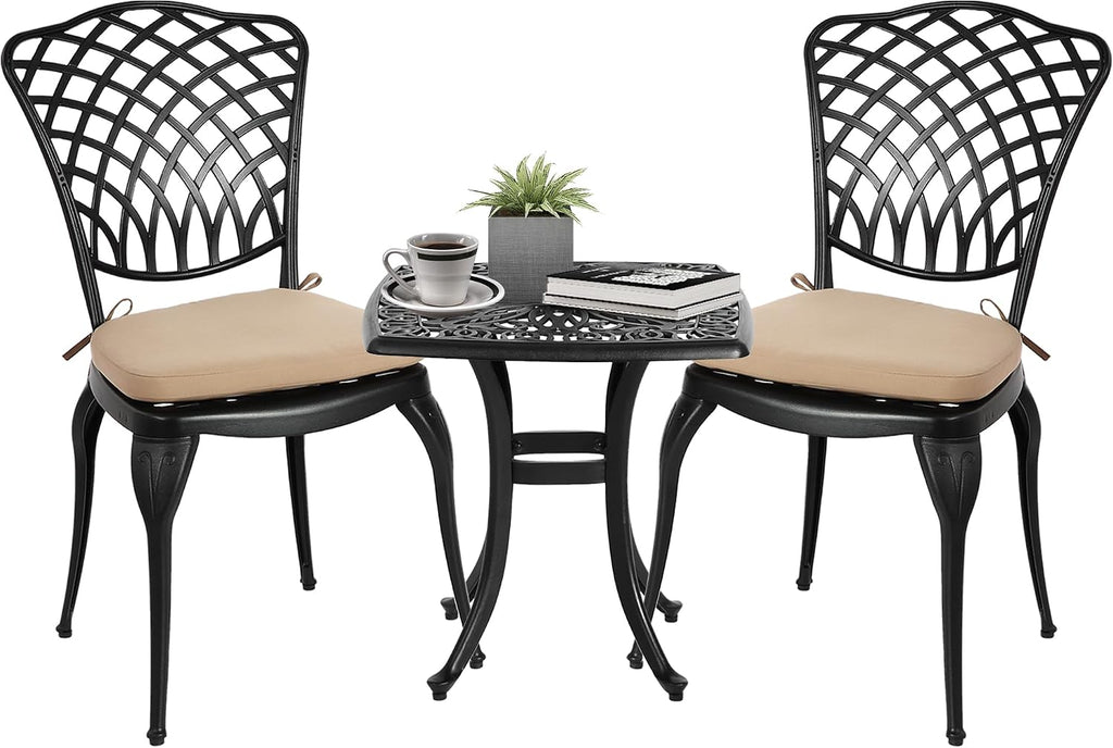 HOMEFUN Thickened Heavy-Duty Cast Aluminum Bistro Set of 2 Outdoor 3 Piece Patio Set with Padded Cushion, Ultra Sturdy Rustproof All-Weather for Garden Balcony, Black