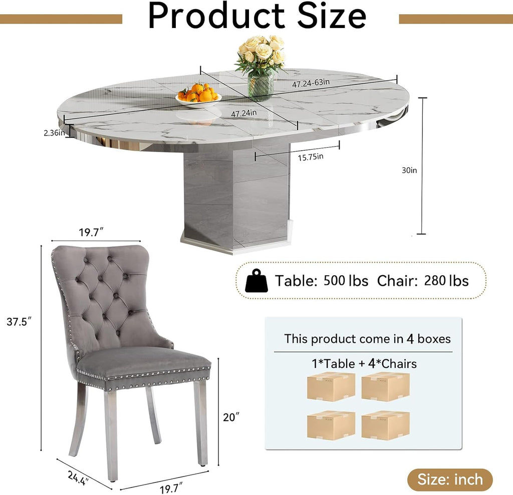 5 Pieces 47'-63' White Faux Marble Extendable Dining Table Set, Round Expanding Kitchen and Dining Room Table Set for 4 with Mirrored Acrylic Base & Grey Velvet Upholstered Chairs