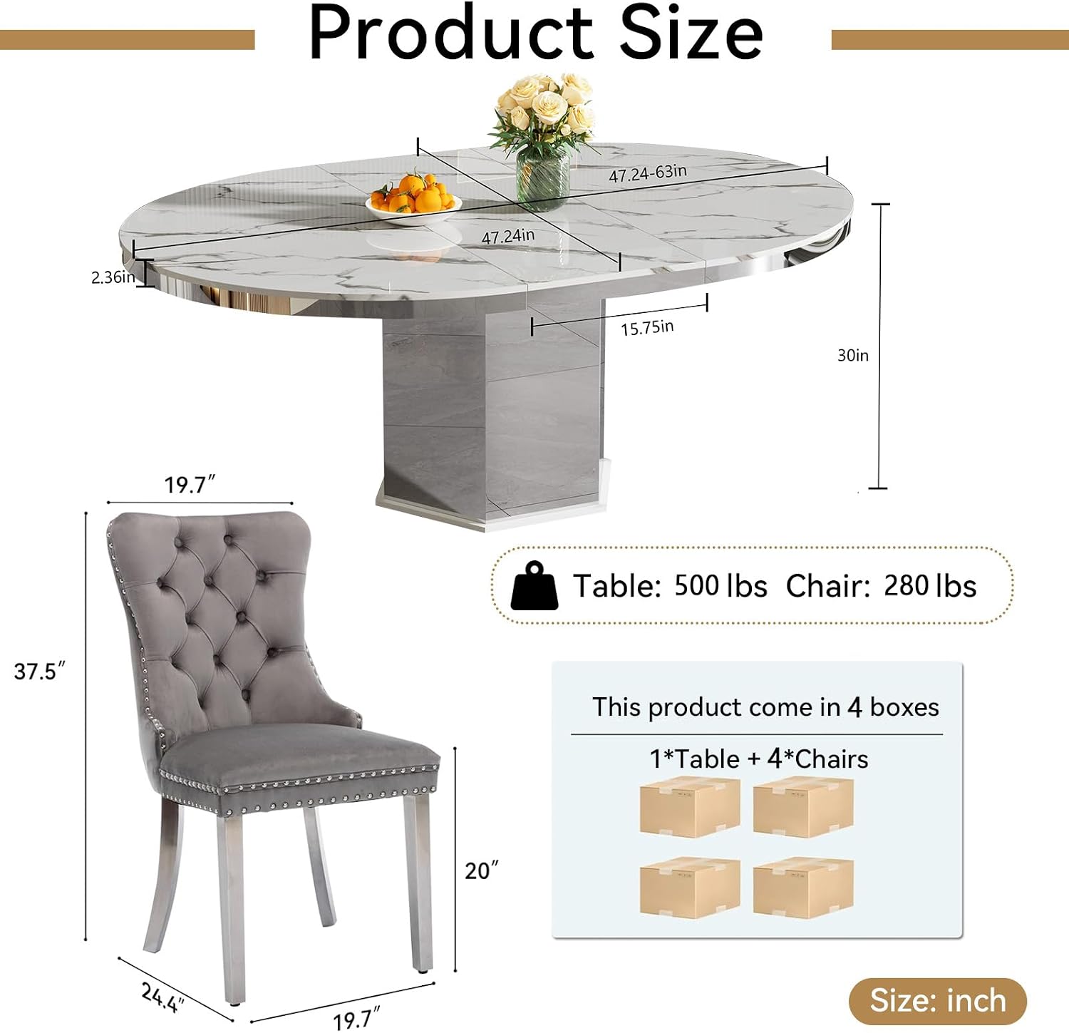 5 Pieces 47'-63' White Faux Marble Extendable Dining Table Set, Round Expanding Kitchen and Dining Room Table Set for 4 with Mirrored Acrylic Base & Grey Velvet Upholstered Chairs