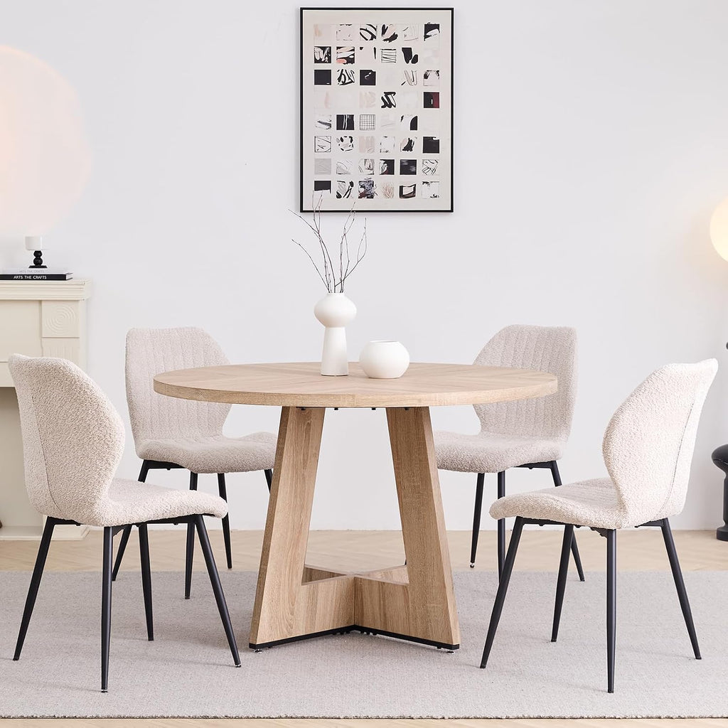 47' Round Dining Table Set for 4 with Chairs Kitchen Table and Chairs Set Mid-Century Modern Chair with Metal Leg for Apartment Living Room(Natural Table with 4 Beige Chairs)