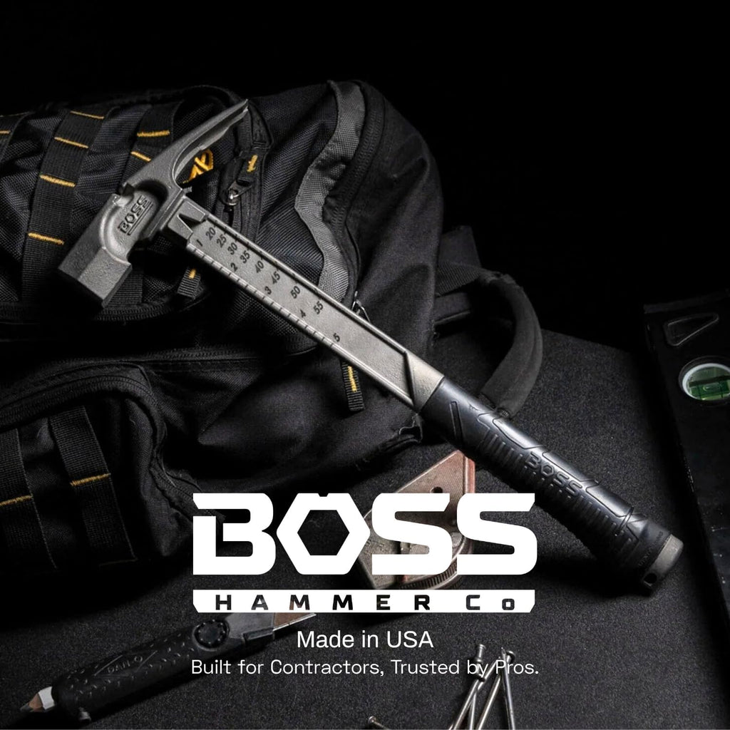 Boss Hammer 16 oz. Pro Series Titanium Hammer with Over-Molded No-Slip Rubber Grip - Construction Grade, Dual Side Nail Pullers, Milled Face - Made in the USA - BH16TIM