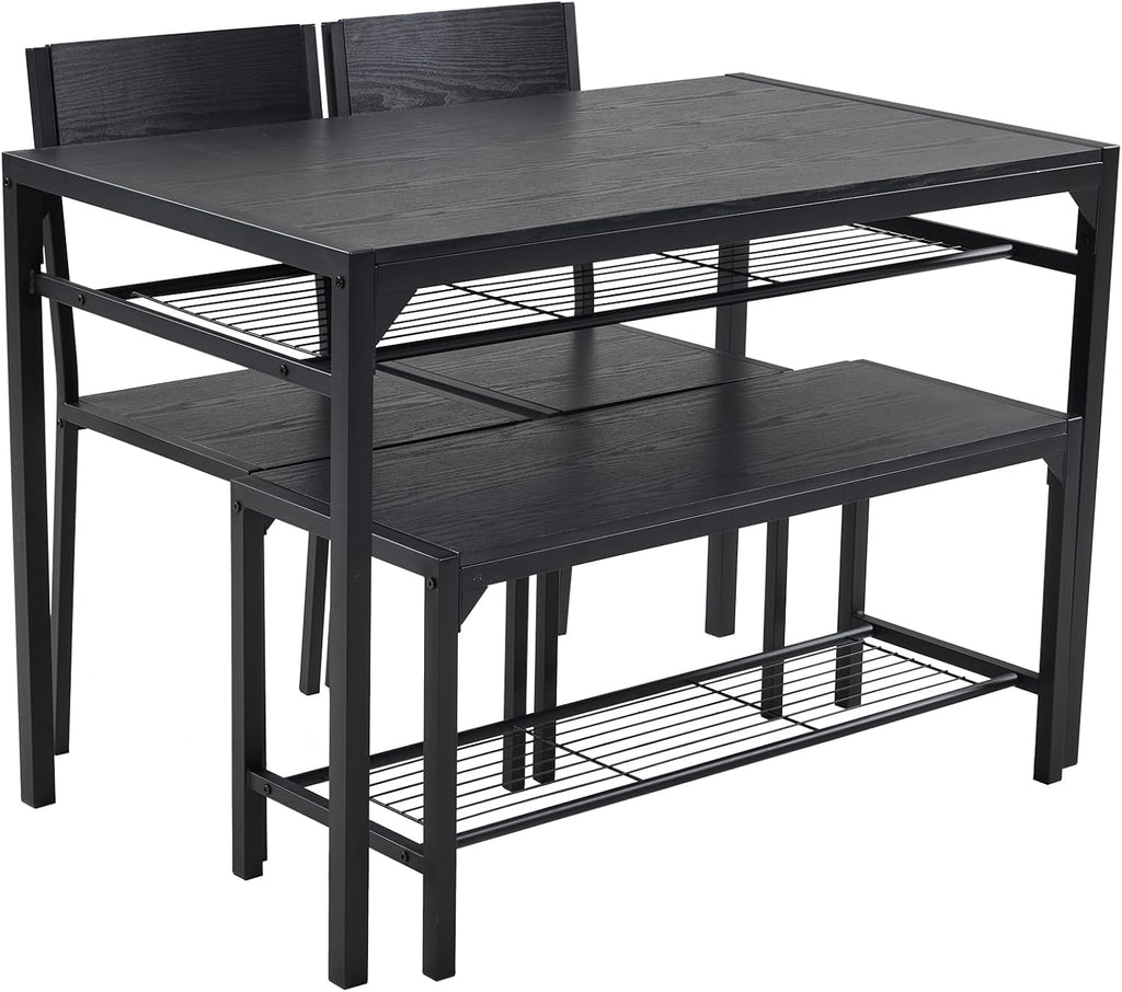Karl home 4-Piece Dining Table Set for 4, Modern Kitchen Table Chairs Set for Small Space,Apartment, Storage Rack, Rectangular Table, Bench, 2 Chairs, Metal Frame-Retro Black