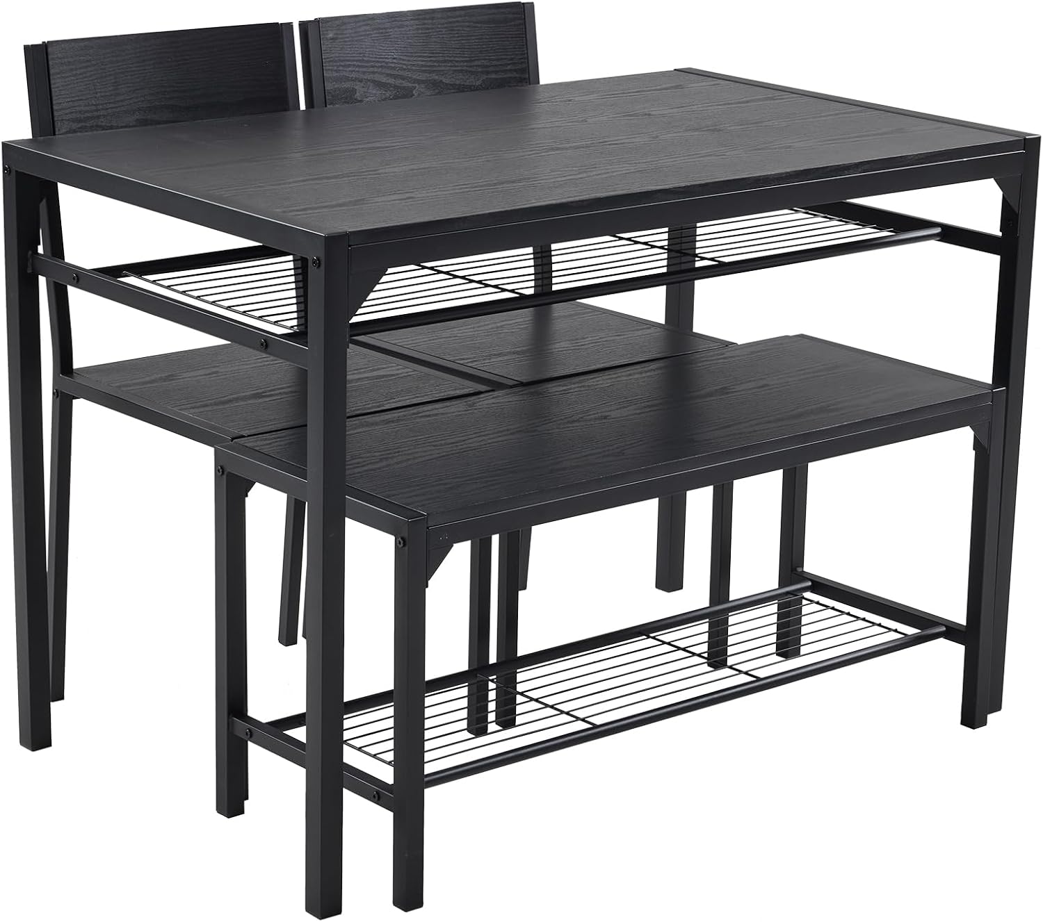 Karl home 4-Piece Dining Table Set for 4, Modern Kitchen Table Chairs Set for Small Space,Apartment, Storage Rack, Rectangular Table, Bench, 2 Chairs, Metal Frame-Retro Black