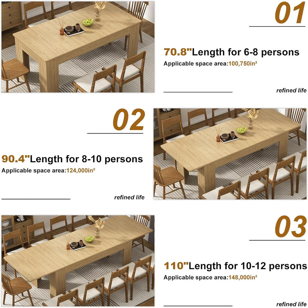 70.8'-110' Extendable Dining Table for 6-12 Person, Wooden Dining Room Table, Modern Extendable Table for Gatherings, Meeting for Small Kitchens, Dining Office Areas(Natural)