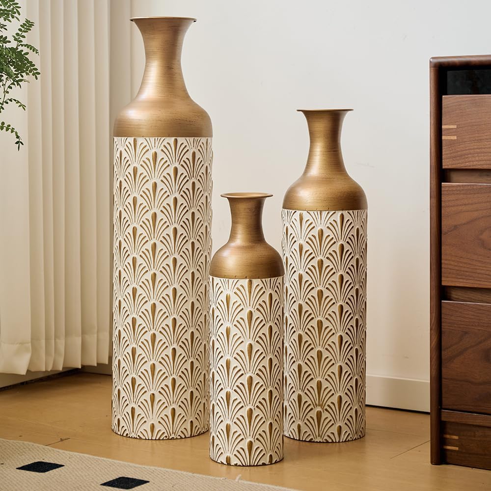 Floor Metal Decorated Vases Set of 3 for Gorgeous Home Decoration Large Glazed Metal Vases (Antique Brass+White)