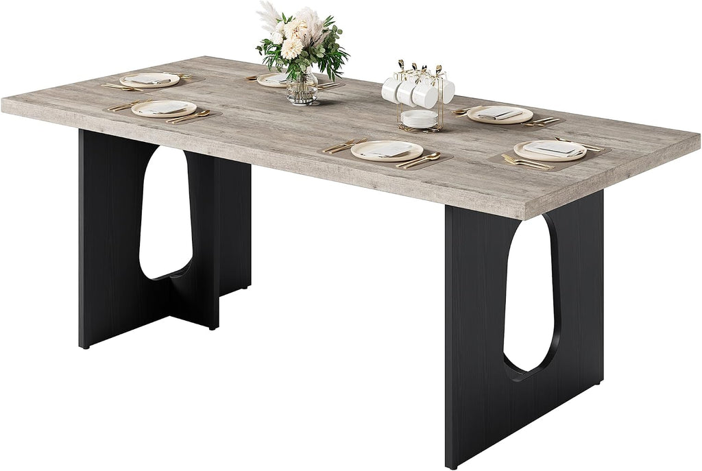 71' Long Dining Table for 6-10 People - Farmhouse Kitchen Table with Extra Thick Tabletop & Heavy-Duty Metal Legs, Sturdy Rectangular Table for Dining Room, Conference Room, Office, Grey + Black