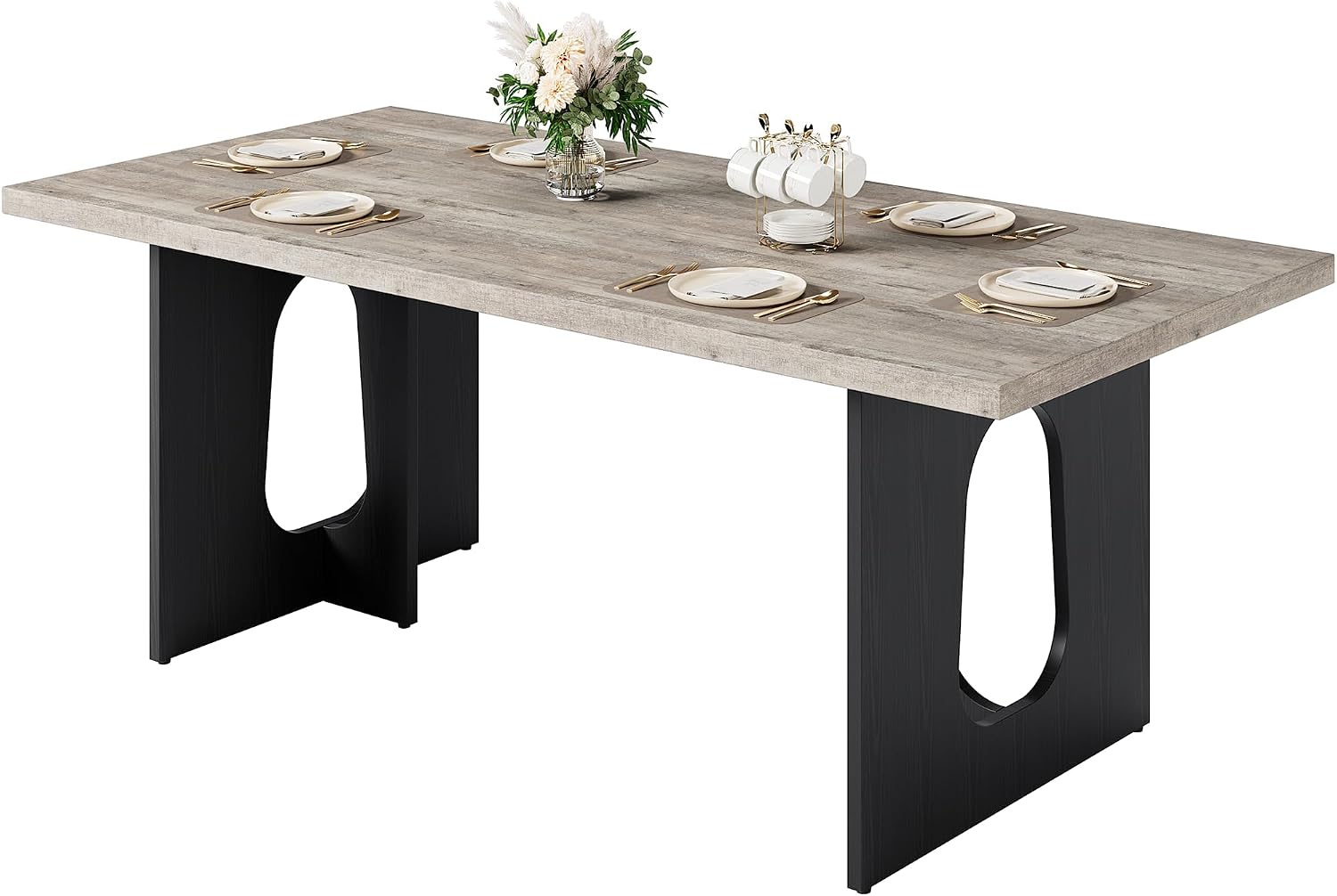 71' Long Dining Table for 6-10 People - Farmhouse Kitchen Table with Extra Thick Tabletop & Heavy-Duty Metal Legs, Sturdy Rectangular Table for Dining Room, Conference Room, Office, Grey + Black