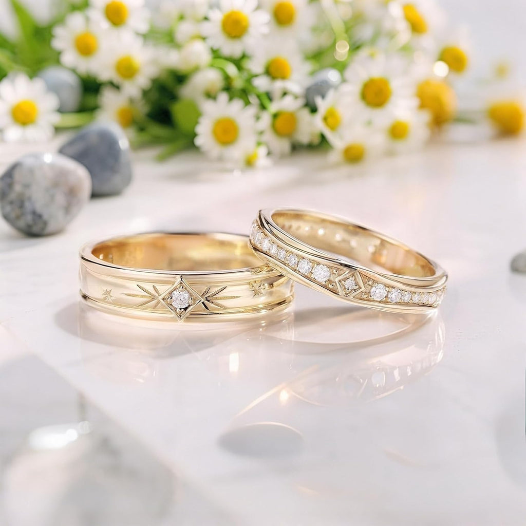 SISGEM Moissanite Couple Rings Set, 10K 14K 18K Solid Gold Moissanite Wedding Rings for Him And Her, Vintage Leaf/Branch Wedding Bands Matching Couple Rings Anniversary Jewelry Gift for Women And Men