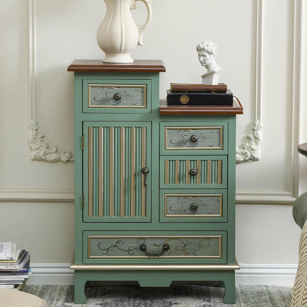 Ahokua Vintage Accent Chest with 5-Drawers and Door Carved Wood Storage Cabinet Modern Dresser for Living Room, Entryway, Hallway, Sage Green