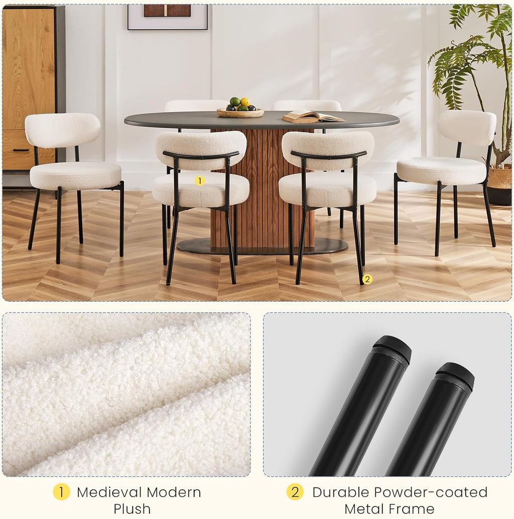 DUMOS Dining Chairs Set of 2, Mid Century Modern Chair Round Upholstered Curved Backrest, Kitchen Vanity Living Room Chairs with Black Metal Legs，Ivory White