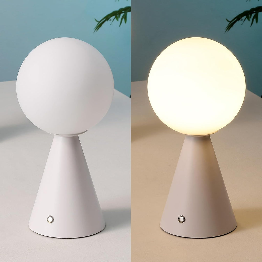 JONATHAN Y 11.75' White Macie Modern Globe Cordless Table Lamp Set of 2, Rechargeable Dimmable Integrated LED Touch Sensor Bedside Lamp, White Frosted Glass Shade (JYL7159E-SET2)