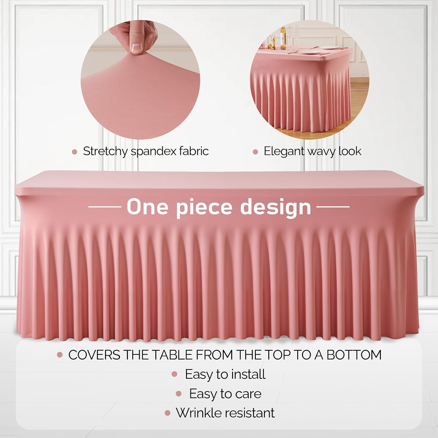 6 Packs Dusty Rose Table Clothes for 6 Foot Rectangle Tables, One-Piece Wrinkle Resistant Stretch Spandex Table Covers with Skirt for Event Banquet Wedding Birthday Party