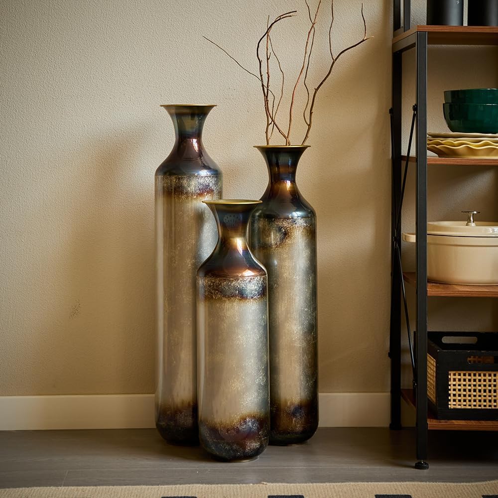 Floor Metal Decorated Vases Set of 3 for Gorgeous Home Decoration Large Glazed Metal Vases (Gold+Metal)