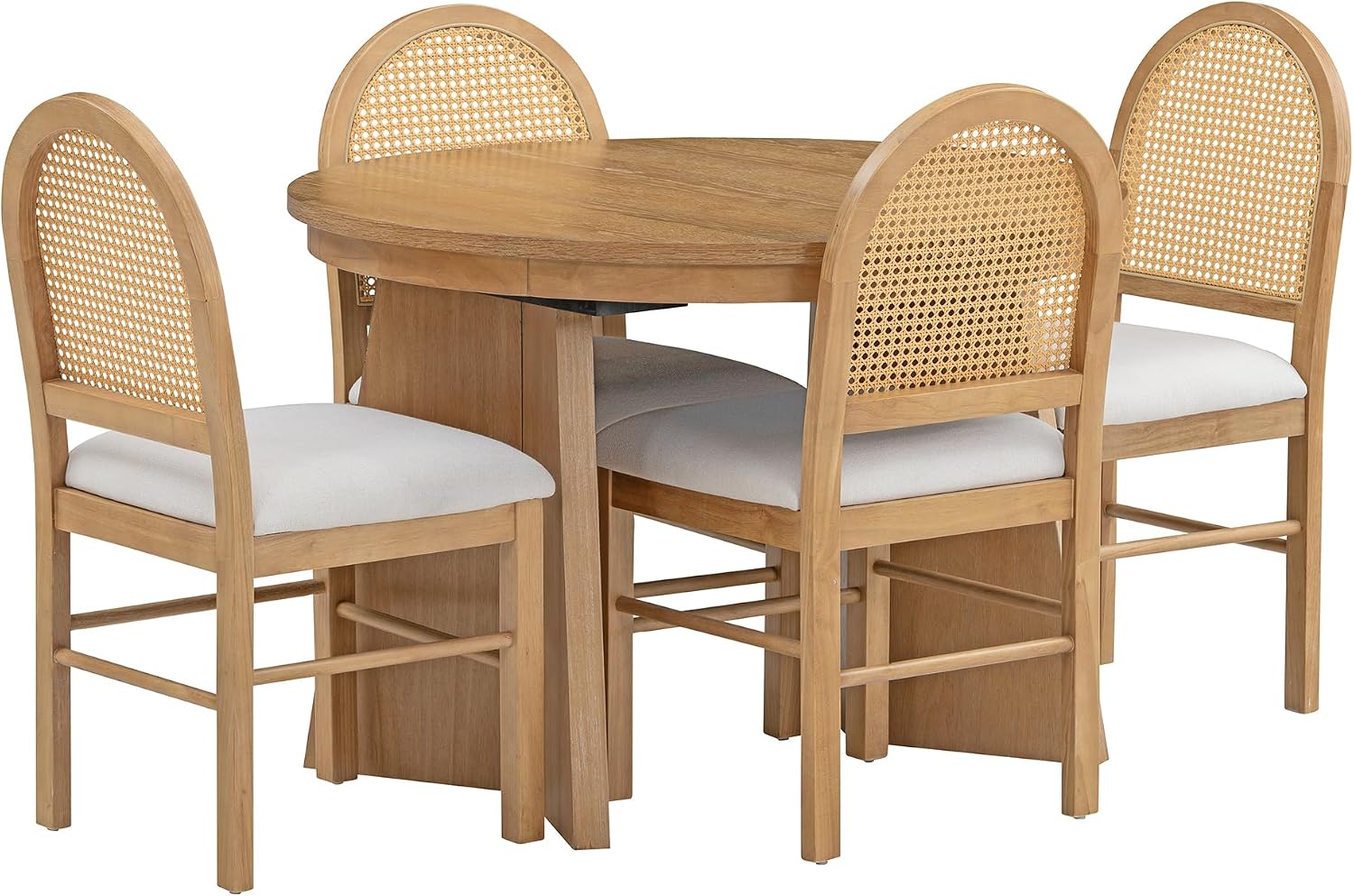 Merax Extendable Round Dining Table Set for 4, Wooden Construction with Upholstered Chairs with Rattan Backrests, Retro Style for Kitchen, Indoor Use, Natural
