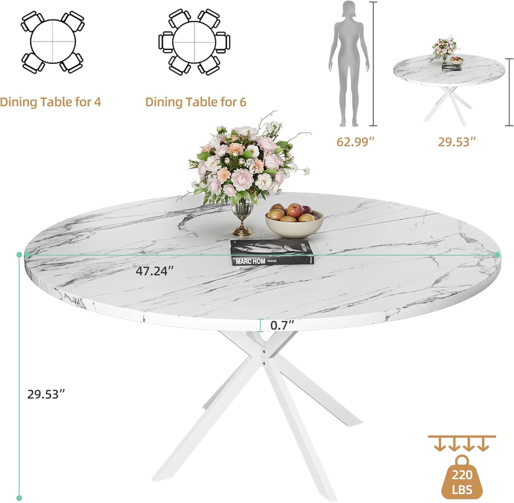 47.24' Round Dining Table for 4-6 Person, Round Kitchen Table with Wood Top, Circle Dinner Pedestal Tables with Metal Legs for Dining Room Kitchen (White Marble)