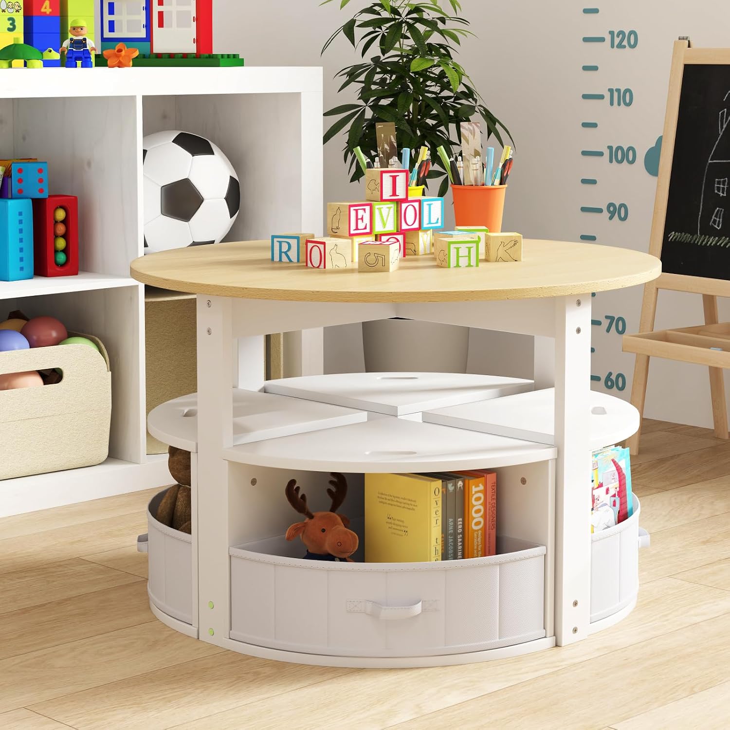 Costzon Kids Table and Chairs, 5 Pieces Wooden Round Children Nesting Desk with 4 Storage Stools & 4 Fabric Drawers for Activity, Play, Art, Read, Craft, Eat, Toddler Table and Chair Set (Beige)
