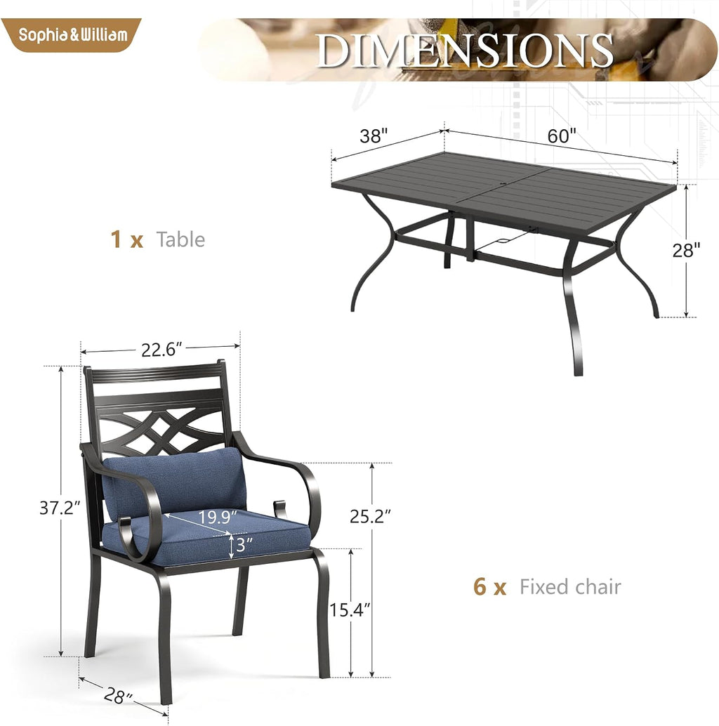 Sophia and William Patio Dining Set for 6, Outdoor Table and Chairs, Removable Seat Cushions, 60' Black Patio Dining Table,Blue