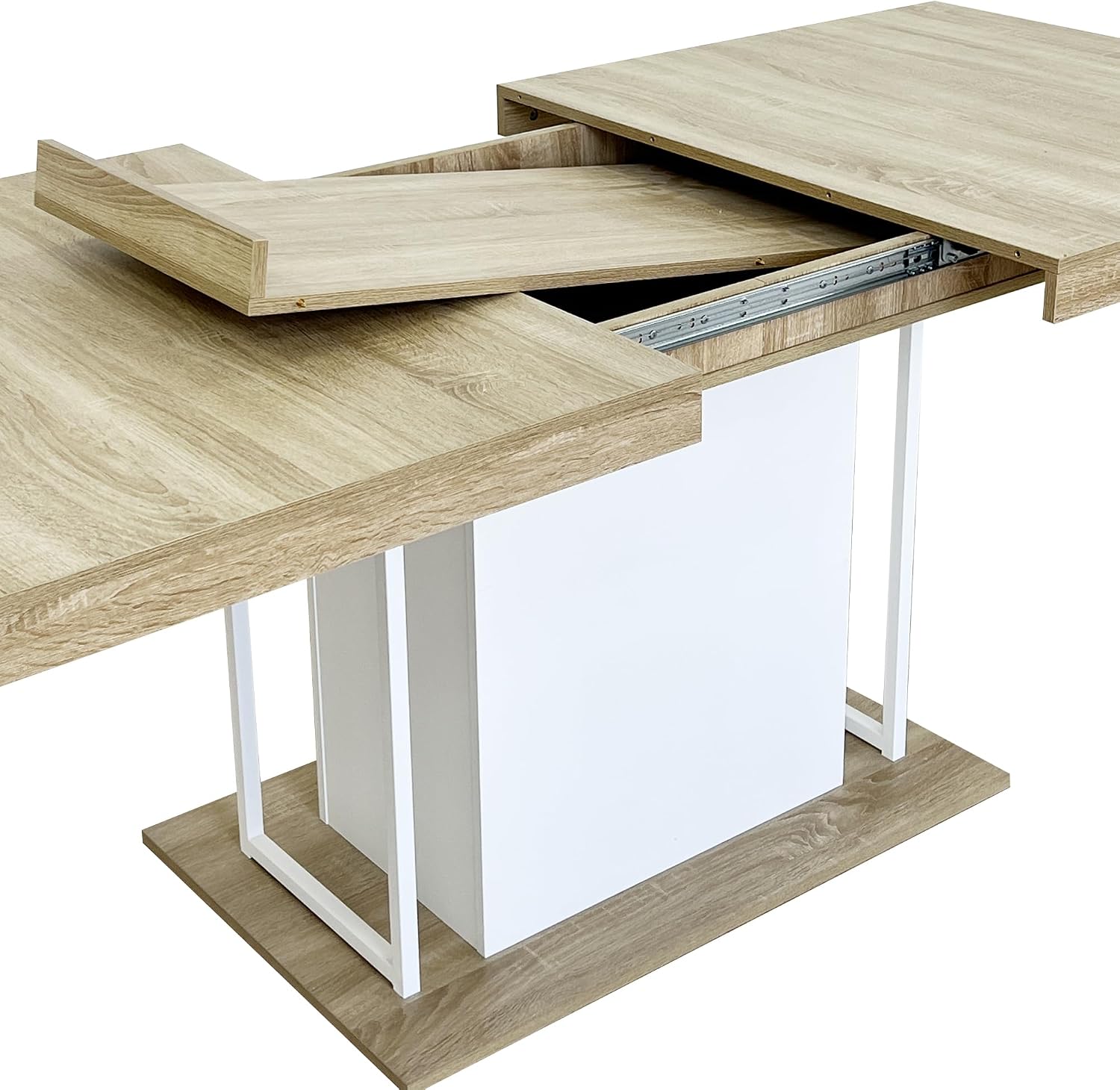78.74'' Extendable Rectangular Dining Table for 4-8, Modern Mid-Century Wood Expandable Kitchen Dinner Conference Table for Living Room Office, Widen Pedestal Base, White & Oak