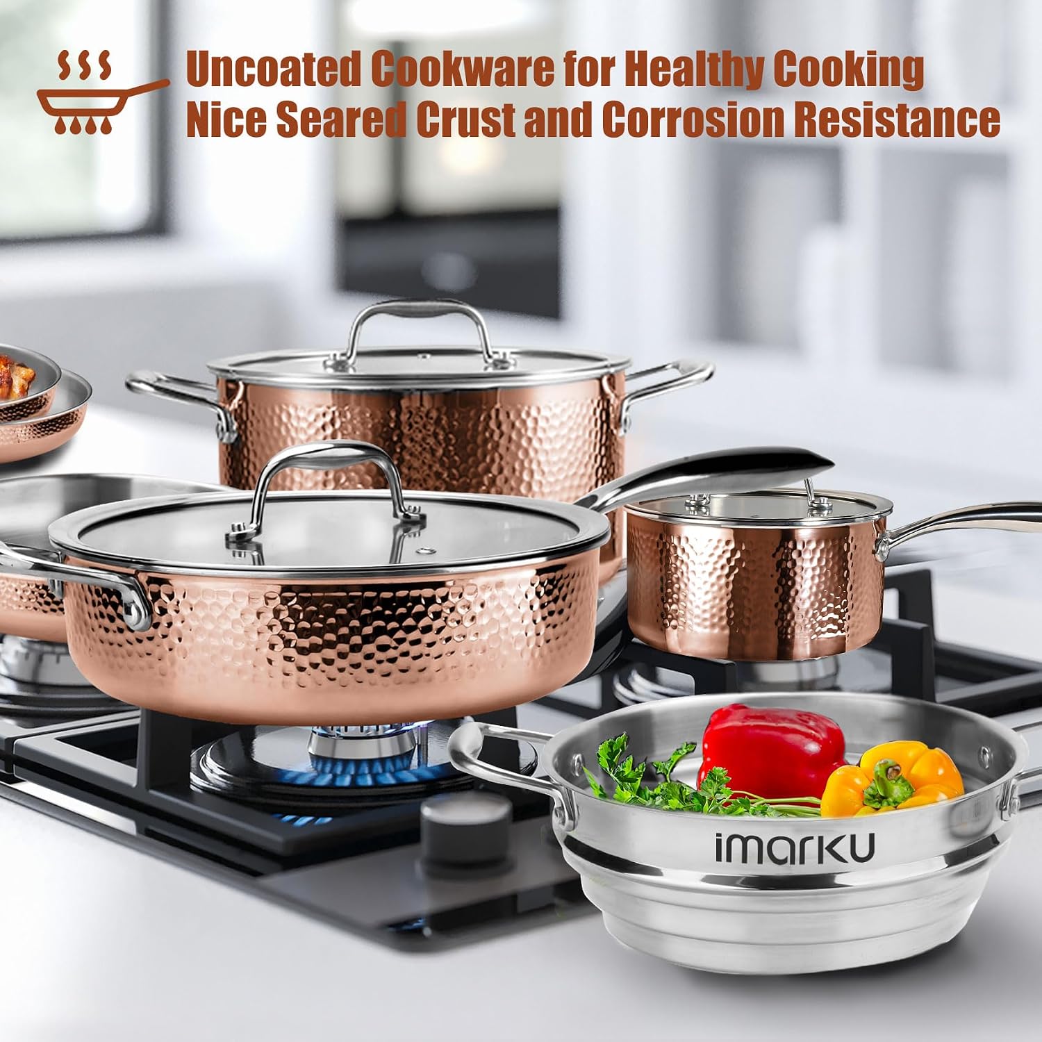 imarku Stainless Steel Pots and Pans Set, 14PCS Kitchen Cookware Sets with Lids, Non-Toxic Tri-Ply Clad Hammered Stainless Steel, Suits Ceramic and Induction, Best Gifts for Women Men