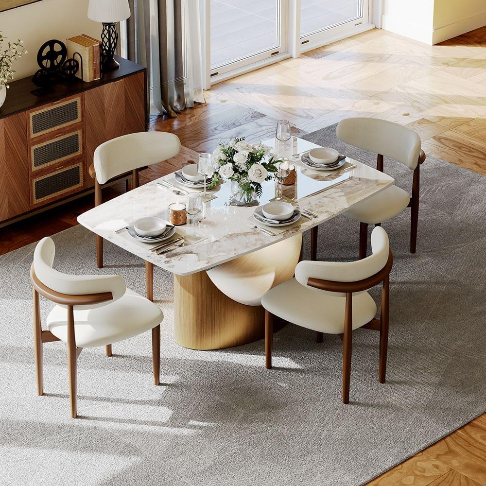 POVISON 63' Hobart Dining Table for 4, Rectangular Dining Table, Glossy Pandora Sintered Stone Tabletop with Bronze Carbon Steel Base for Dining Room (Table Only)