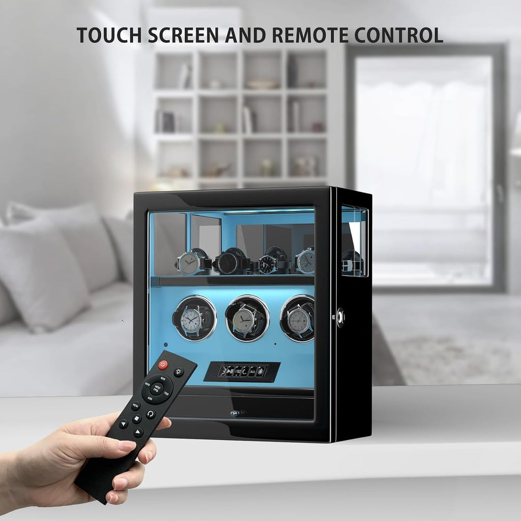 DUKWIN Watch Winder, Fingerprint Lock Automatic Watch Winder for 3/6/9 Watches with 4 Holders,300-2300 TPD,Digital Display, Remote Control,Jewelry Storage and Adjustable Watch Pillow and LED Light