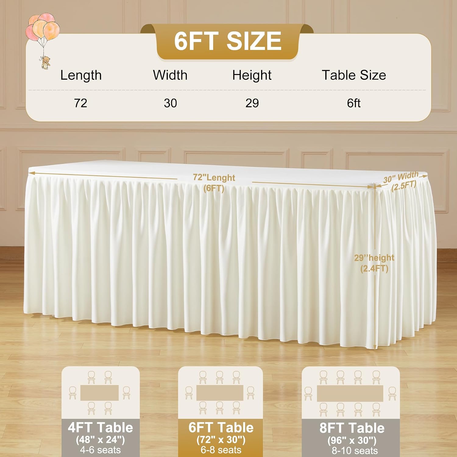 6 Packs Ivory Tablecloths Rectangle Tables 6ft, Stretch Fitted Table Covers for 6 Foot Tables Wrinkle Free Rectangle Table Cloth with Skirt for Birthday Party Events Banquet Baby Shower