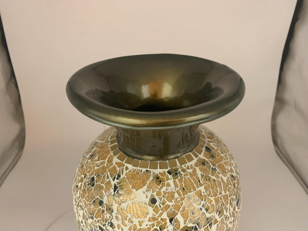 Floor Vase, 18 Inch Mosaic Vase – Tall Cylinder Made of Brass with Dandelion and White Glass Mosaic Pieces – Handcrafted Decorative Home Décor Accent Piece for Bedroom, Living Room, Office