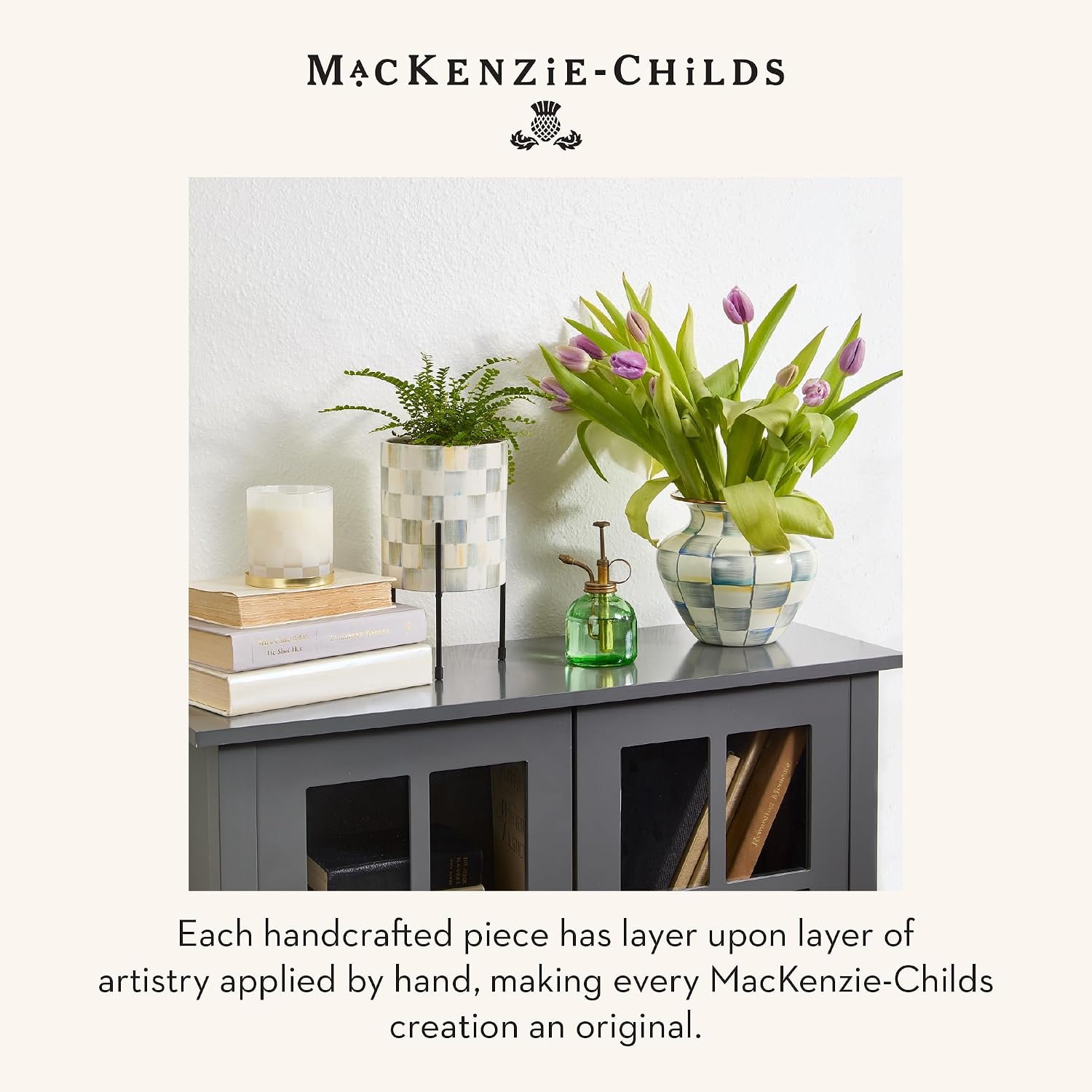 MACKENZIE-CHILDS Pedestal Vase, Decorative Centerpiece and Flower Holder, Gray-and-White Sterling Check
