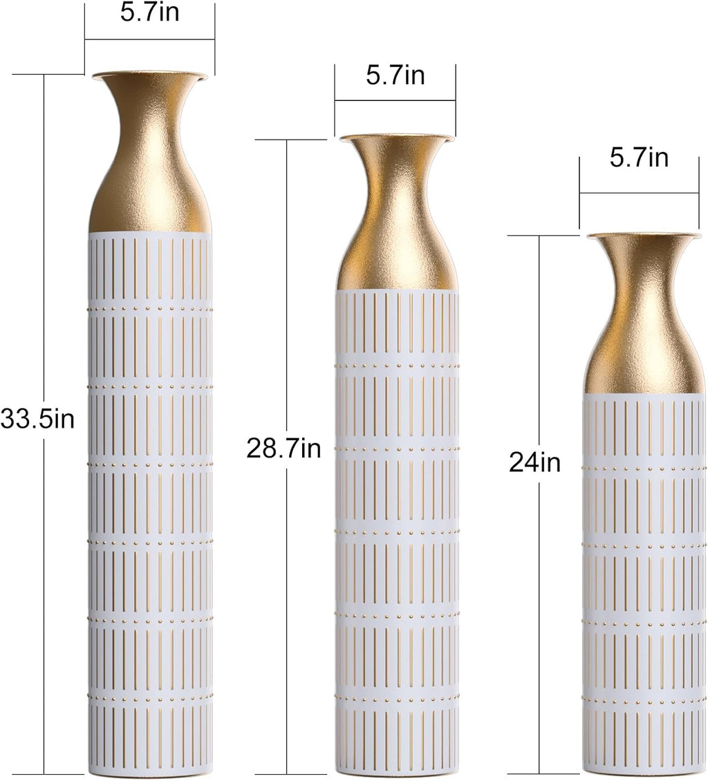 Gold-White Metal Floor Vase Set - 3D Floral Relief Cylinder Vases for Living Room, Entryway & Office Decor, Rustproof Tall Standing Home Décor 24in/28.7in/33.5in