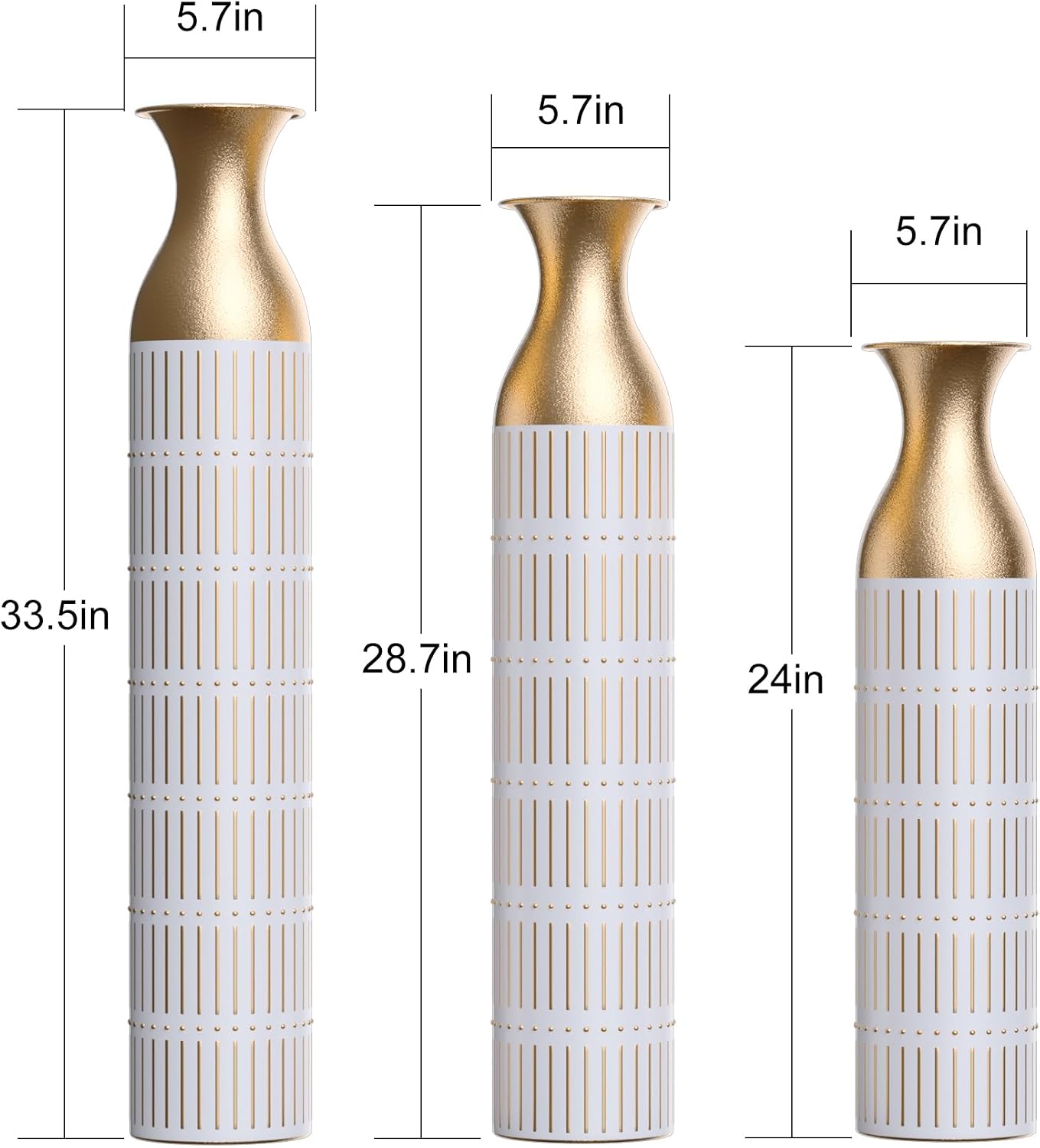 Gold-White Metal Floor Vase Set - 3D Floral Relief Cylinder Vases for Living Room, Entryway & Office Decor, Rustproof Tall Standing Home Décor 24in/28.7in/33.5in