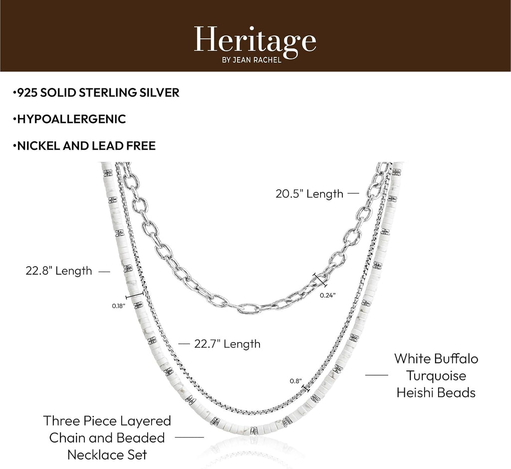 JEAN RACHEL JEWELRY Men's 3-Piece Necklace Layering Set - Hammered Link Chain, Sleek Box Chain & White Buffalo Turquoise Beads - Refined Bundle